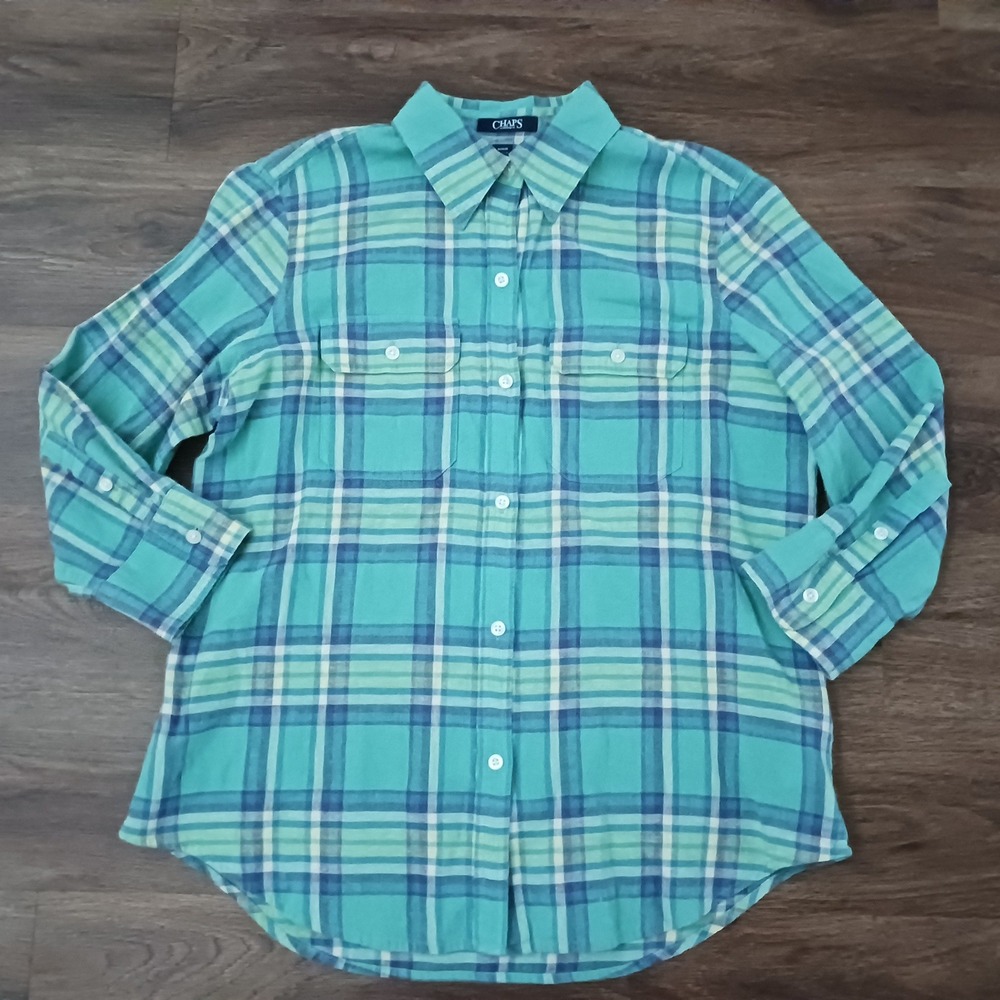 Chaps Denim Aqua Plaid Linen Cotton Blend Button Up Shirt Womens M 3/4 Sleeves